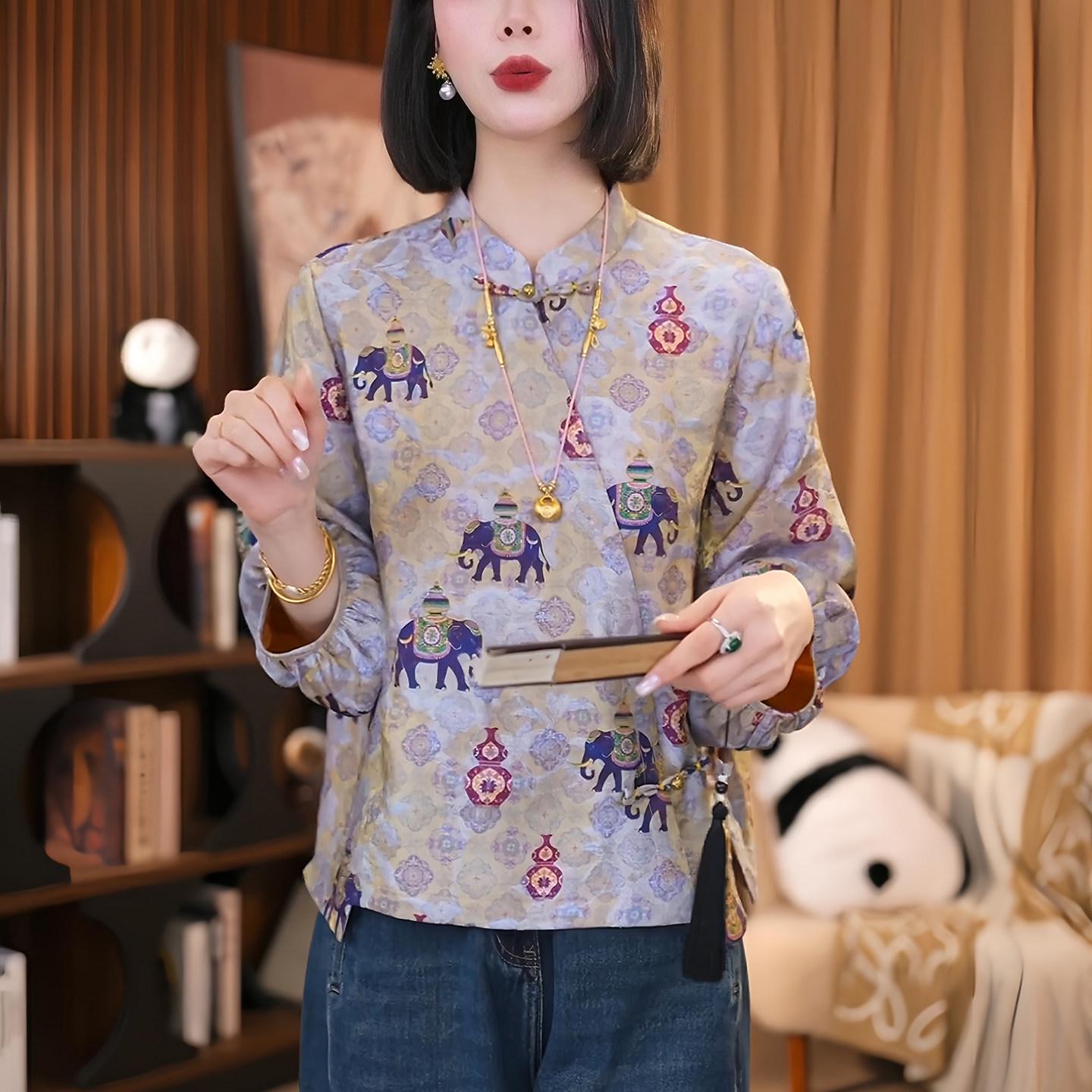 

Mother s Day New Chinese Style Women s Seven-Sleeve Frog Button Print Top M (90-105 jin)