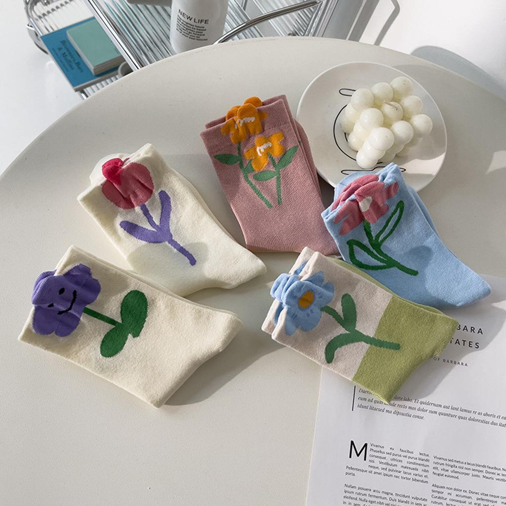 Damen Mid-Tube-Socken Tulpenmuster Baumwollsocken Damen Deodorant Schweißabsorptionssocken Gemischte Farbe 5 Paare Kostenlos
