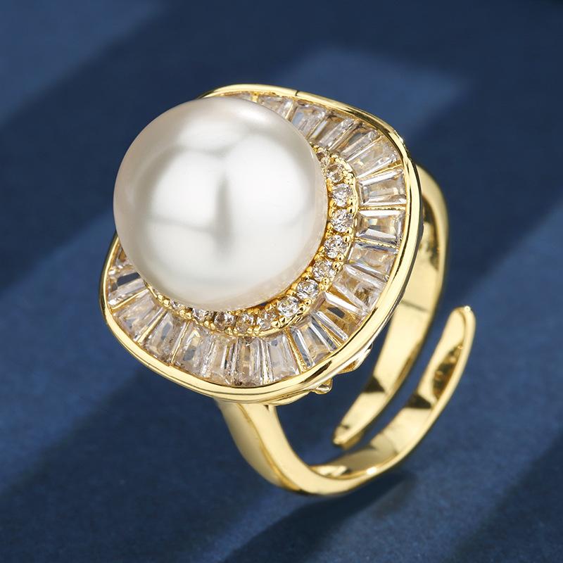 Jewelry Copper Bottom Gold-Plated Inlaid Gold White Pearl Square Temperament Set Women 16-12Mm