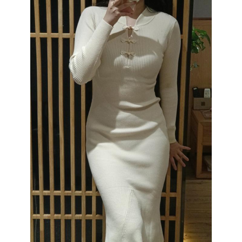

Improved cheongsam base with apricot knitted fishtail dress long dress women s new autumn and winter S абрикосовый