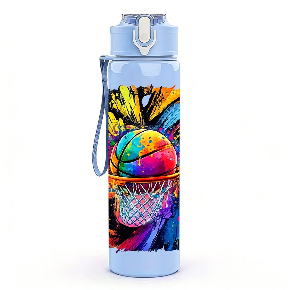 1PC Color Splash Basketball Sport Print 750ml Color Plastic Sports Water Bottle Leakproof Flip Straw Lid Suitable for Sports Office Home Use