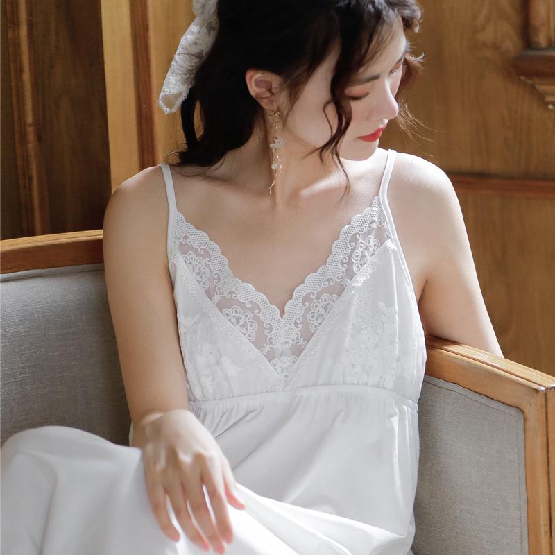 Cotton Lace Princess Camisole Nightgown - Women's Summer Long Dress with Embroidery and Chest Pad, Wearable Outside