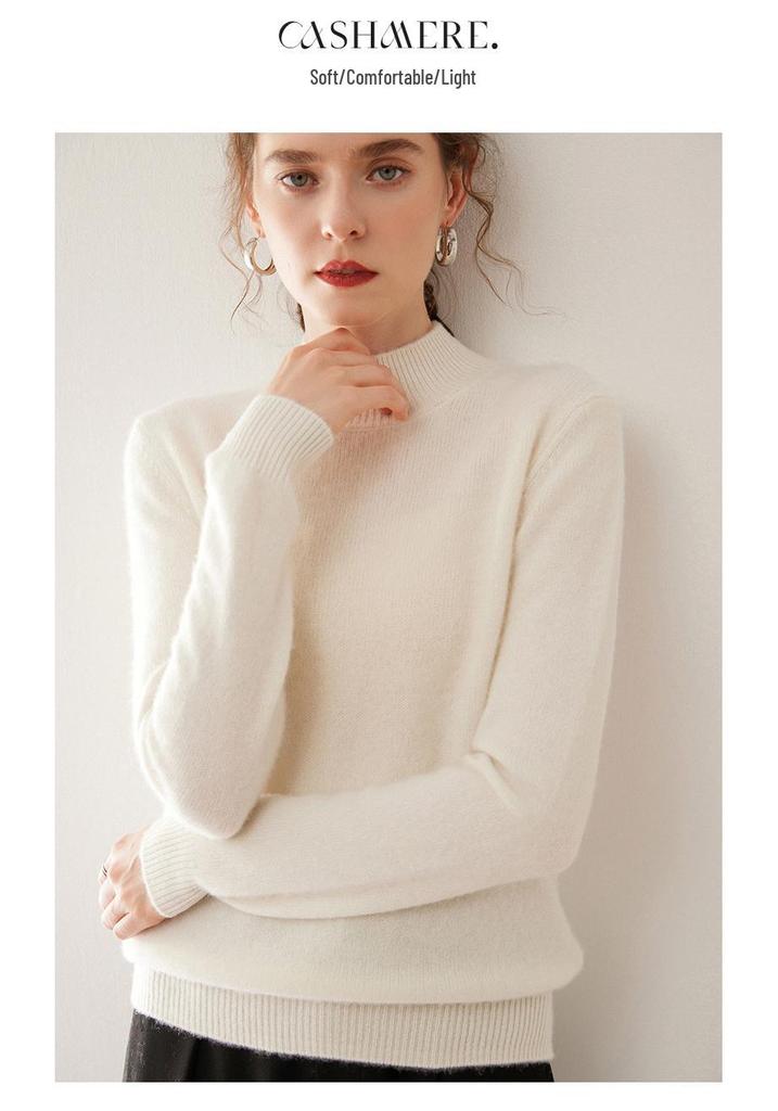 Women's Thickened Warm Cashmere Half-High Collar Sweater - Autumn/Winter 2024 Plain Knit Slim-Fit