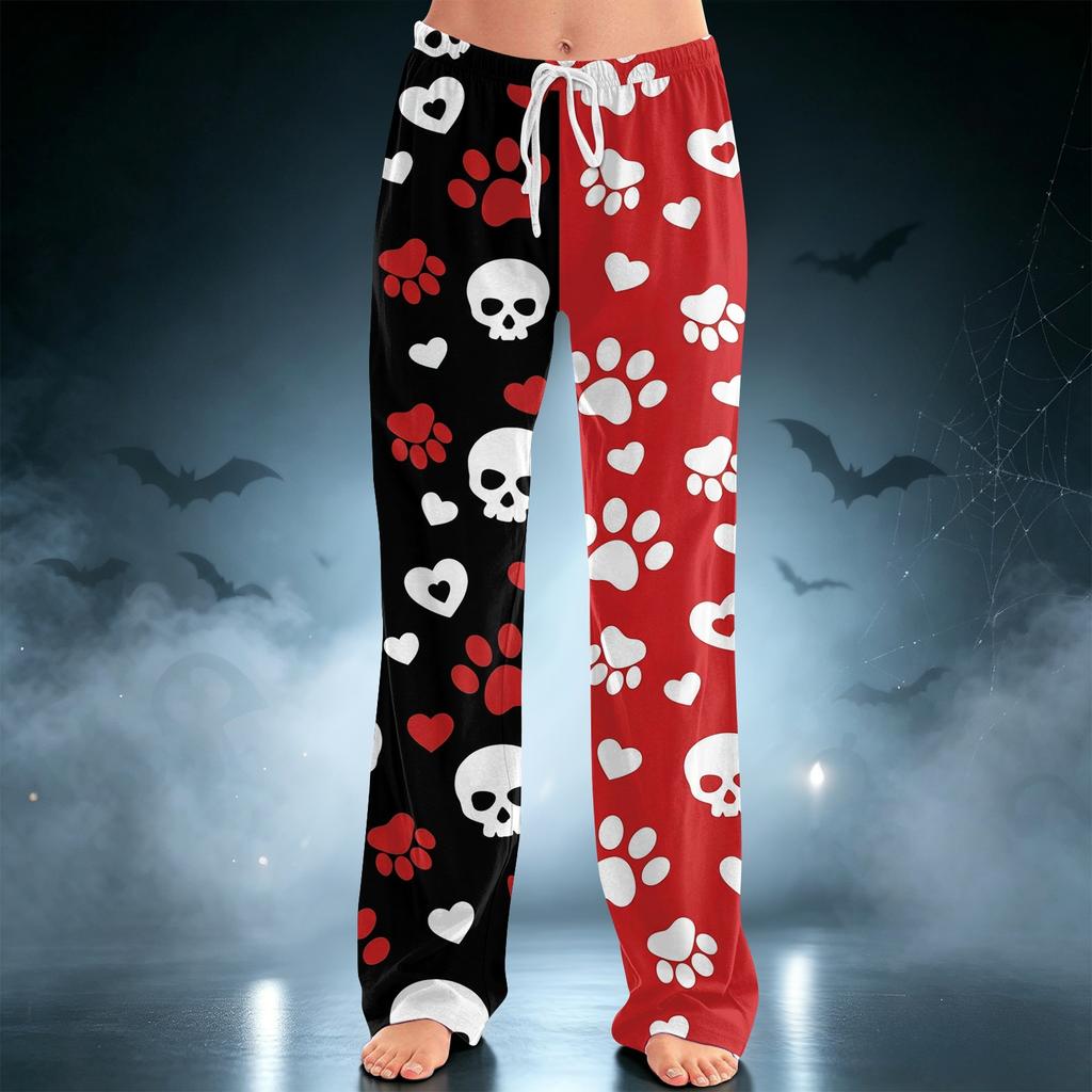 Women's Casual Pants with Drawstring Wide Leg Halloween Print for Holiday Relaxation