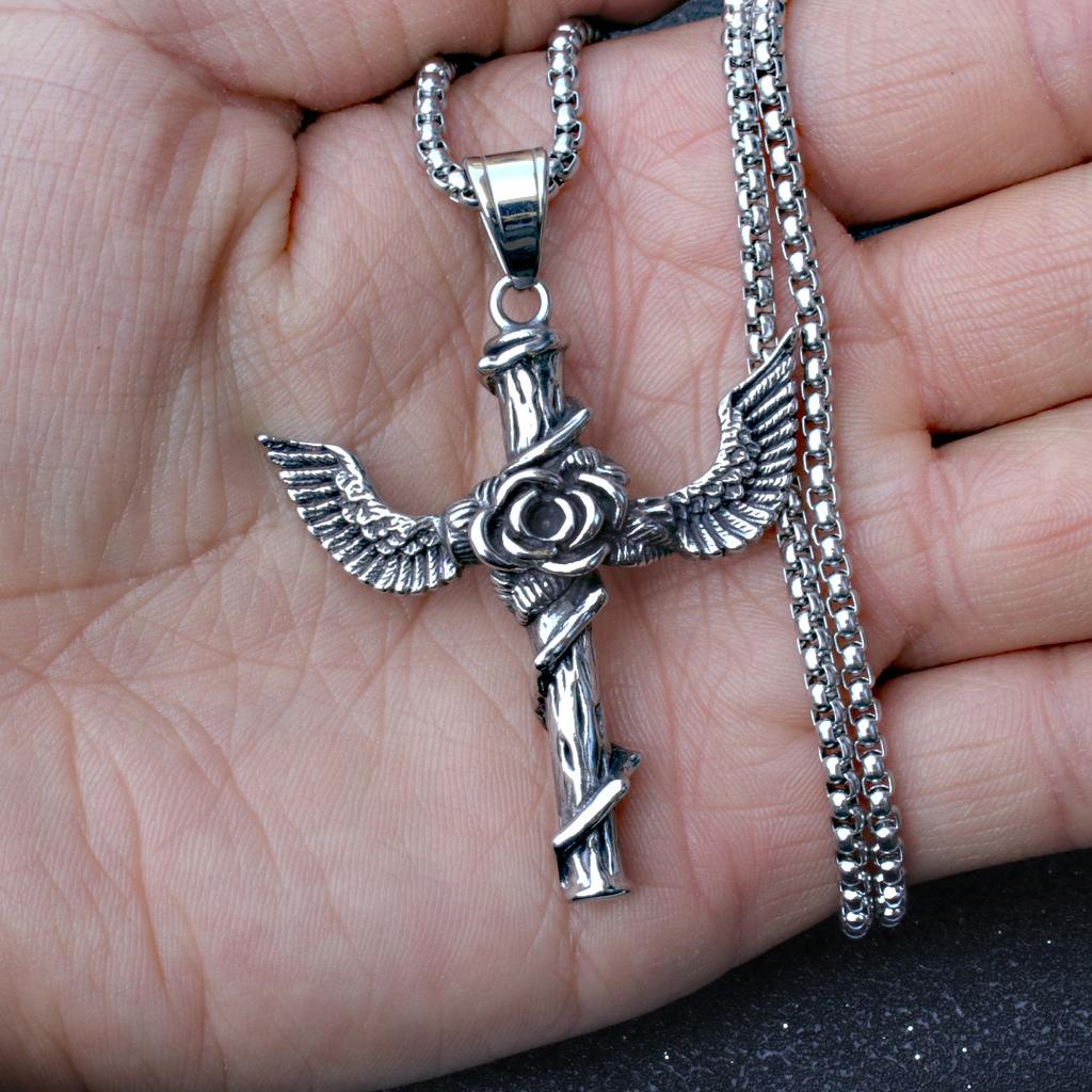Hip Hop Vintage, Rose Wings Cross Stainless Steel Personality Men'S And Women'S Pendant Necklace