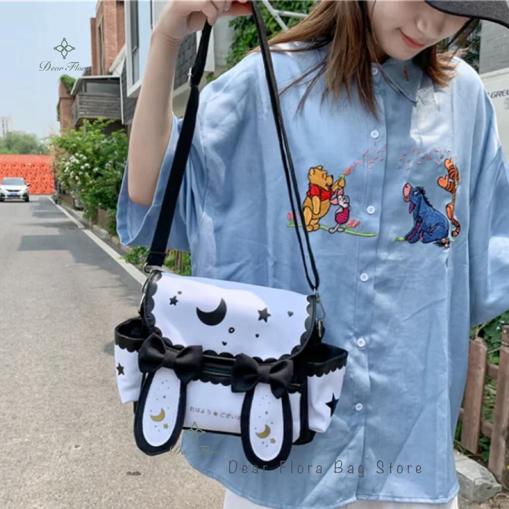 Y2K Cute Girl Lolita Bow Rabbit Shoulder Bag Women Star Moon Canvas Crossbody Bags Korean Kawaii Satchel Bag Sweet Messenger Bag