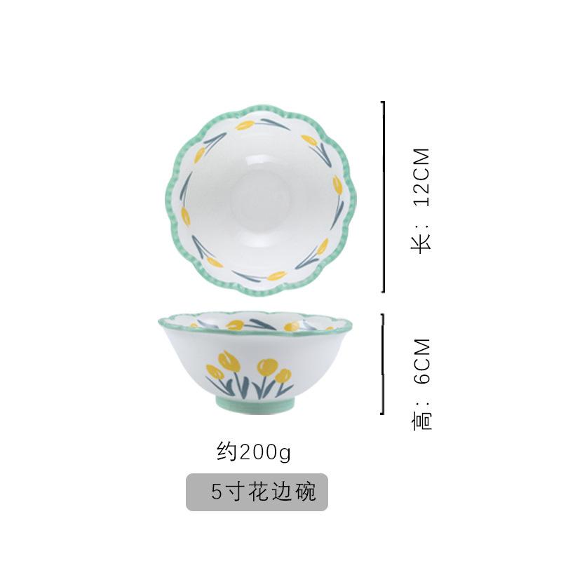Flower Ceramic Bowl Set Household Tulip Underglaze Color Rice Bowl Vegetable Plate Plate Combination Tableware Set Tableware And Chopsticks