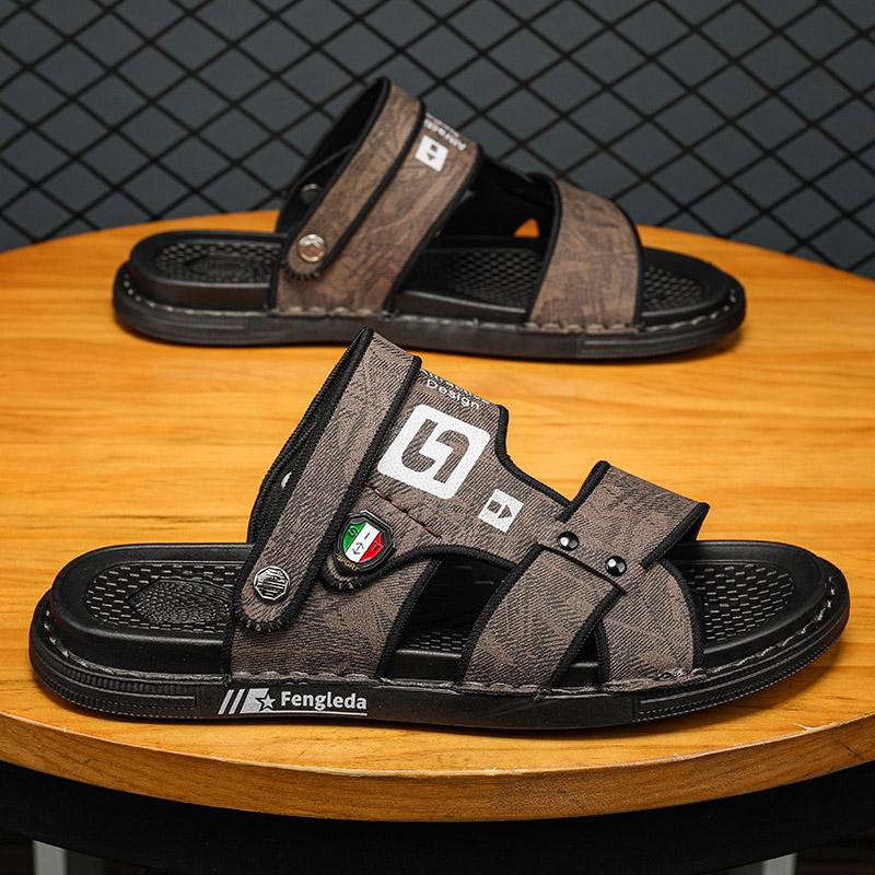 Hausschuhe Mann Sommer Hausschuhe für Herren PU-Leder Pantoletten Schuhe Original Strand Wasser Doppelzweck Sandalen Outdoor Rutschfest Weich So