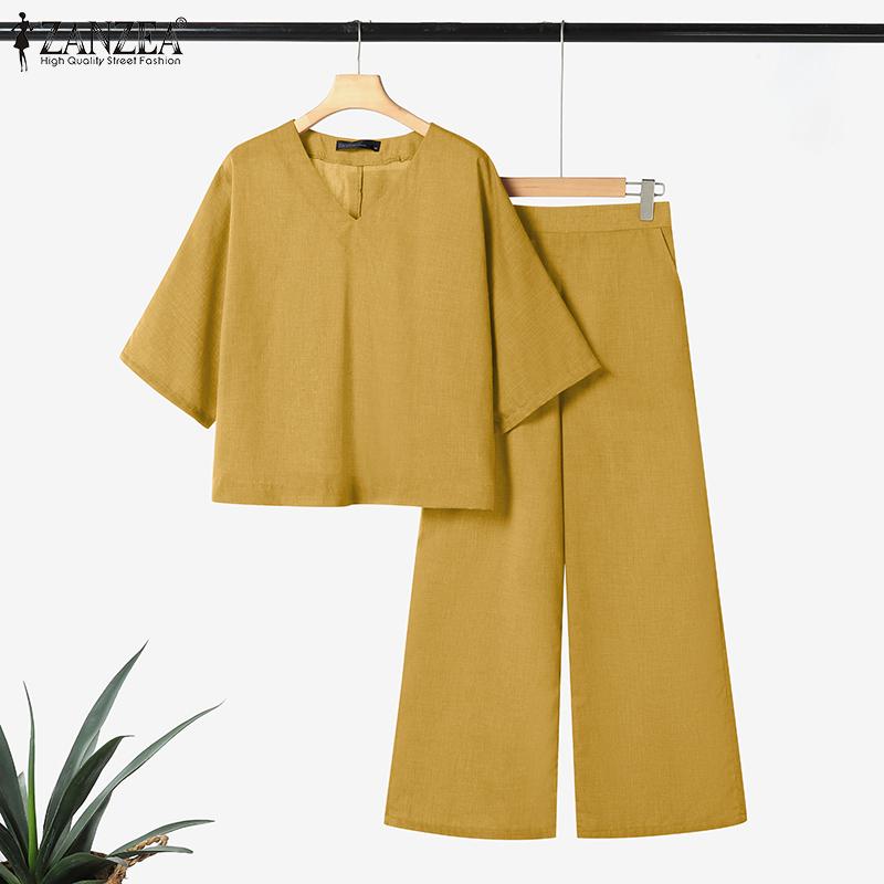 ZANZEA Women Half Sleeve Blouse and Pants Summer Two Piece Suit Sets