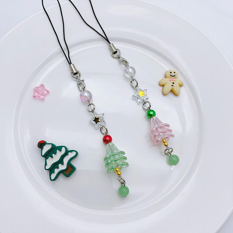Christmas Tree Beaded Phone Chain Pendant Cute Beaded Mobile Phone Keyring Camera Hanging Decoration Xmas Gifts