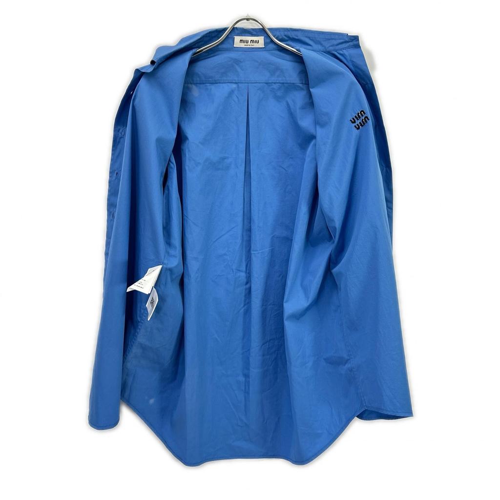 MIUMIU 22SS MK1626 Logo Embroidered Oversized Poplin Long-Sleeve Shirt Tops 40 blueUsed
