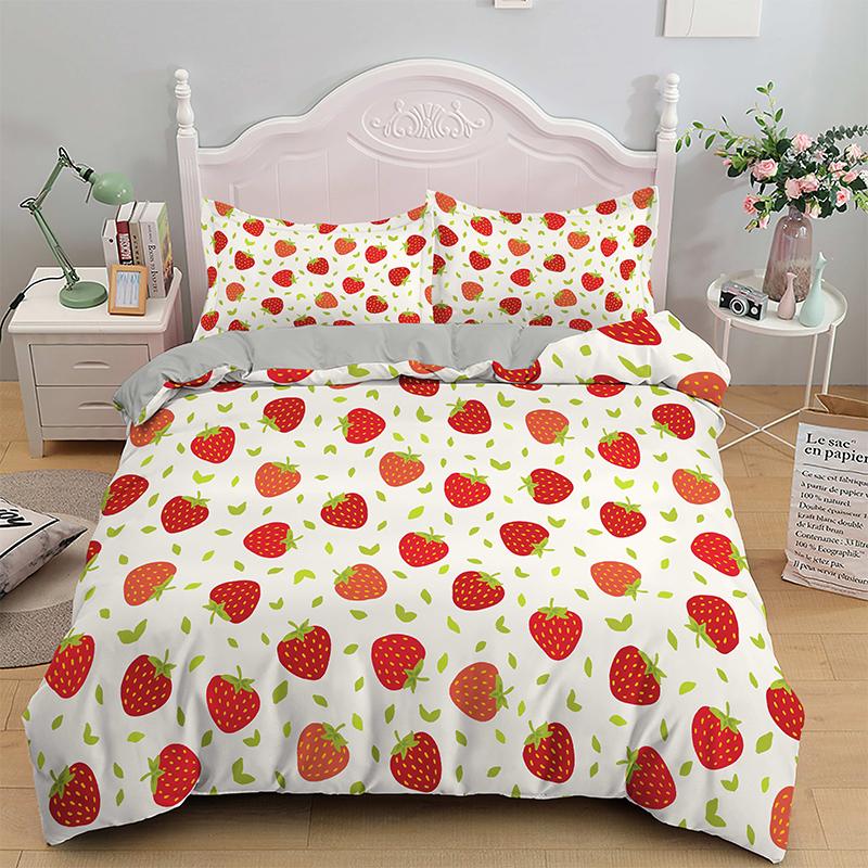 Red Strawberry Cute Bedding Set 3D Pink Lovely Summer Fruit Duvet Cover King Queen For Kids Girls 2/3pcs Polyester Quilt Cover