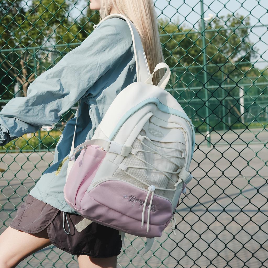 Schoolbag Small Fresh Travel Middle School Student Schoolbag Large Capacity Drawstring Design Contrasting Color Backpack Lightweight Burden Reduction 