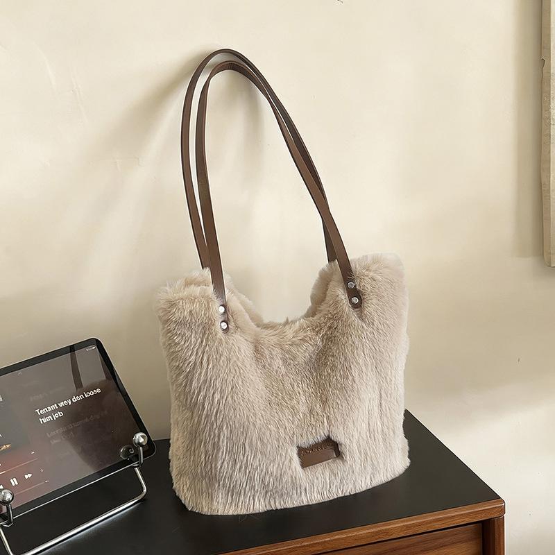 Yogodlns Women's Large Capacity Furry Tote Bag Commute Shoulder Bag Underarm Bag Soft Material Easy To Clean Vertical Square