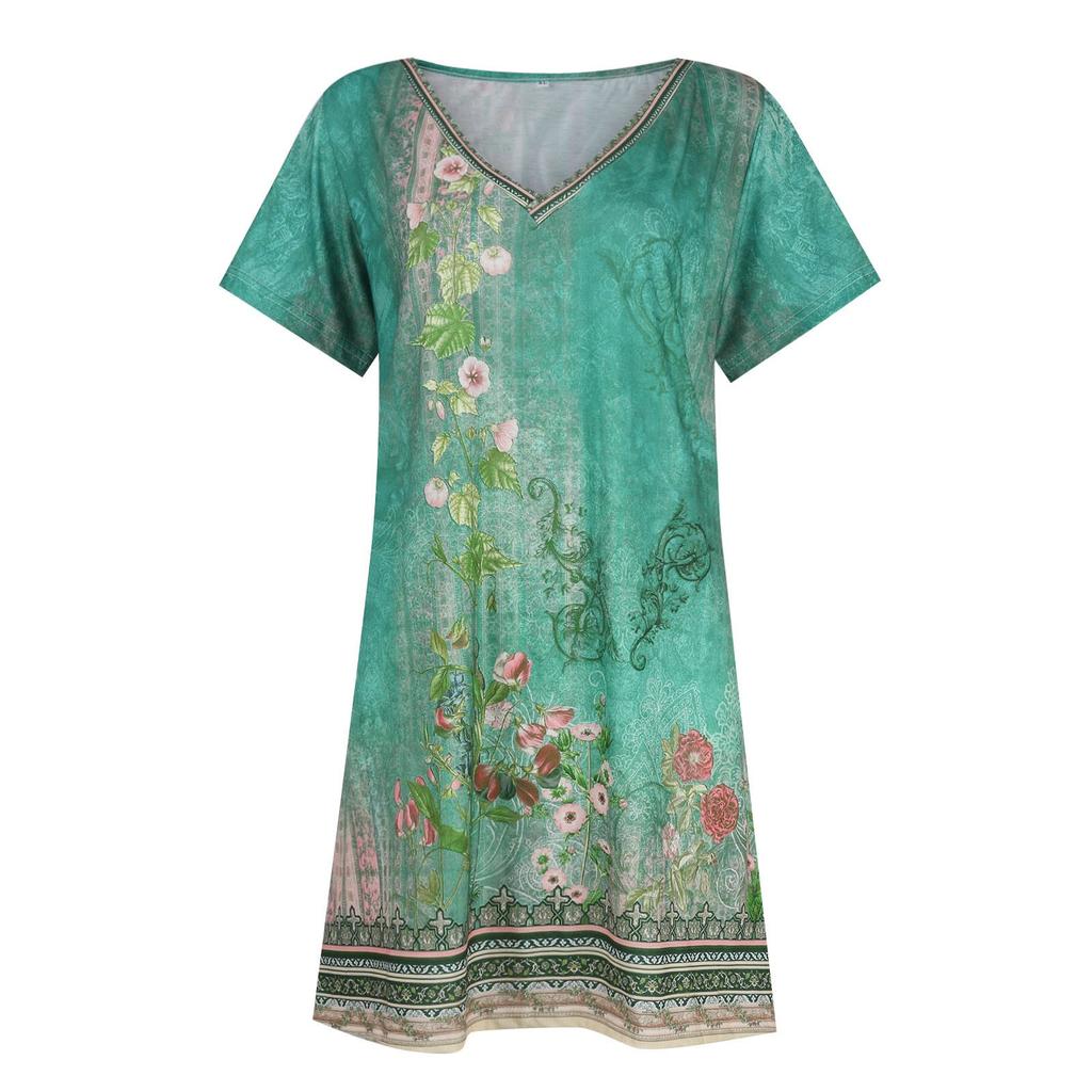 Women's Fashionable Loose Fitting Retro Ethnic Printed Casual V-neck Dress