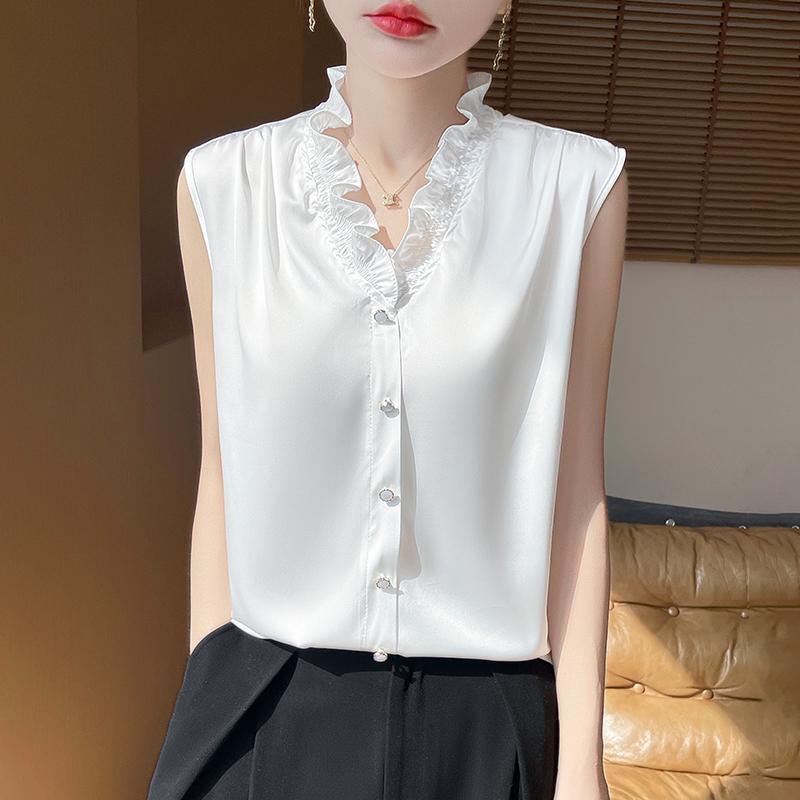 French Style Sleeveless Ruffled Collar Top 3XL (150-165 jin)