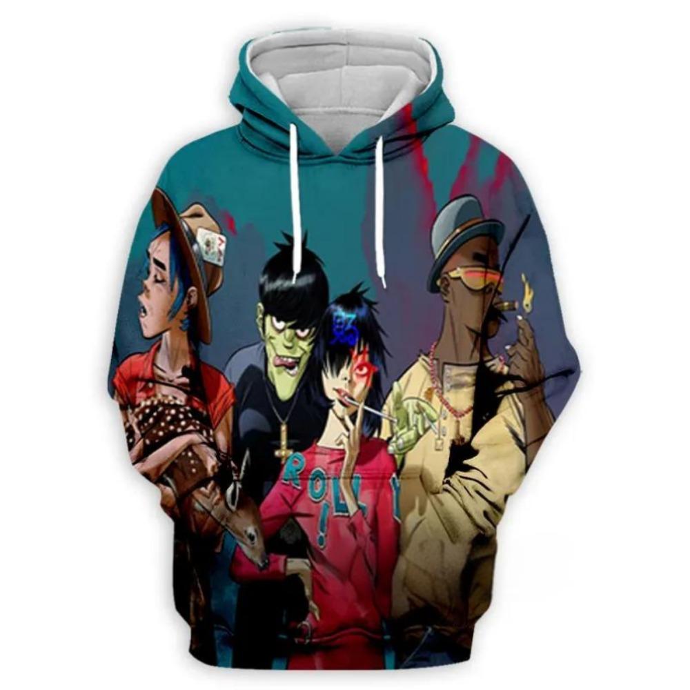 Mikina s kapucí Gorillaz Band s 3D potiskem pro děti, ležérní nadměrný Y2k Harajuku top s kapucí, chlapecká mikina