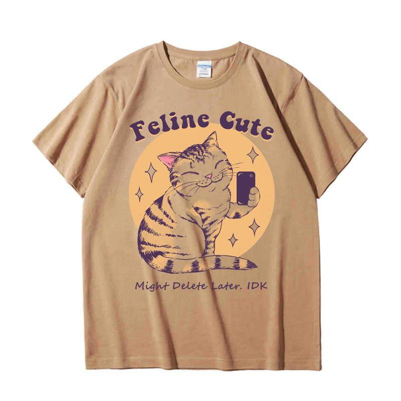 

220GSM Тяжелая футболка из 100% хлопка, футболка с милым кошачьим принтом, мужские повседневные базовые мужские топы с круглым вырезом, футболка