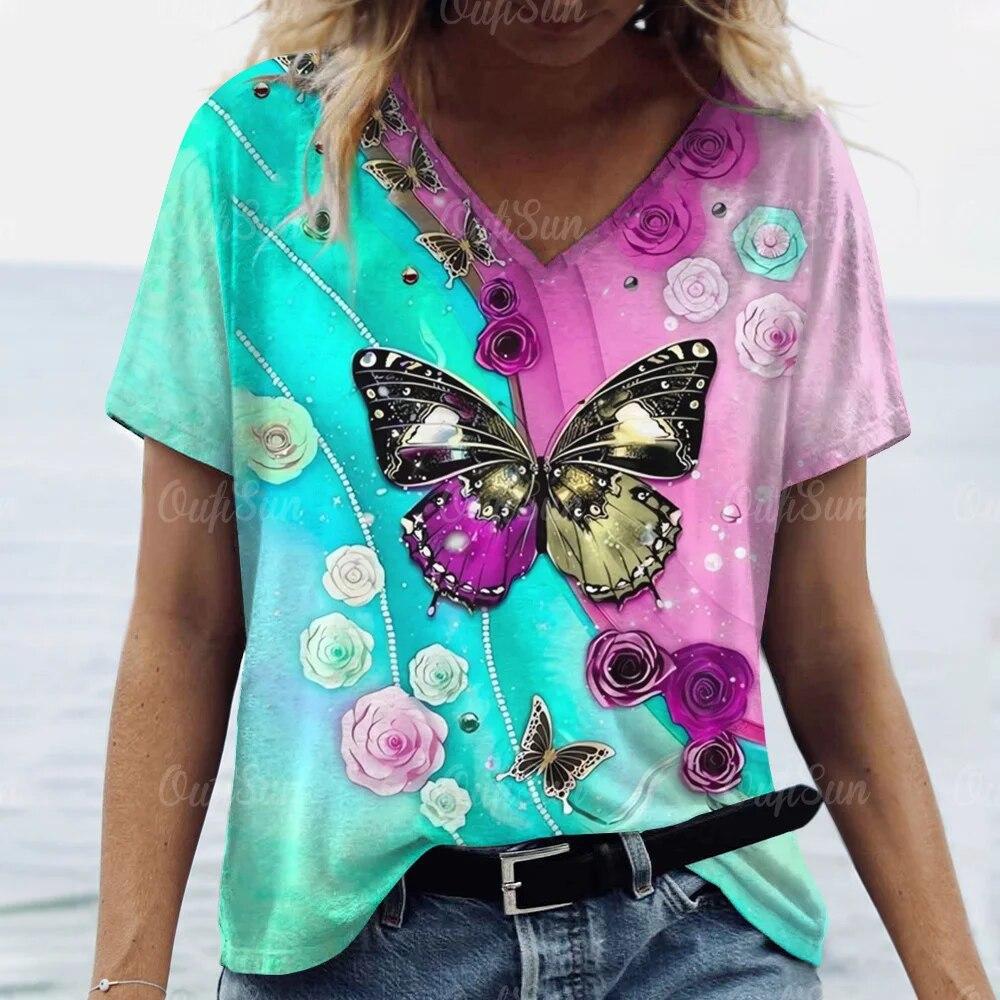 Colorful Love Butterfly Pattern 3D Printed Women's Casual V-neck Short Sleeved T-shirt