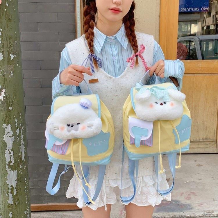 Otter Style Forest Puppy Puppet Cartoon Backpack Student Bag With Drawstring