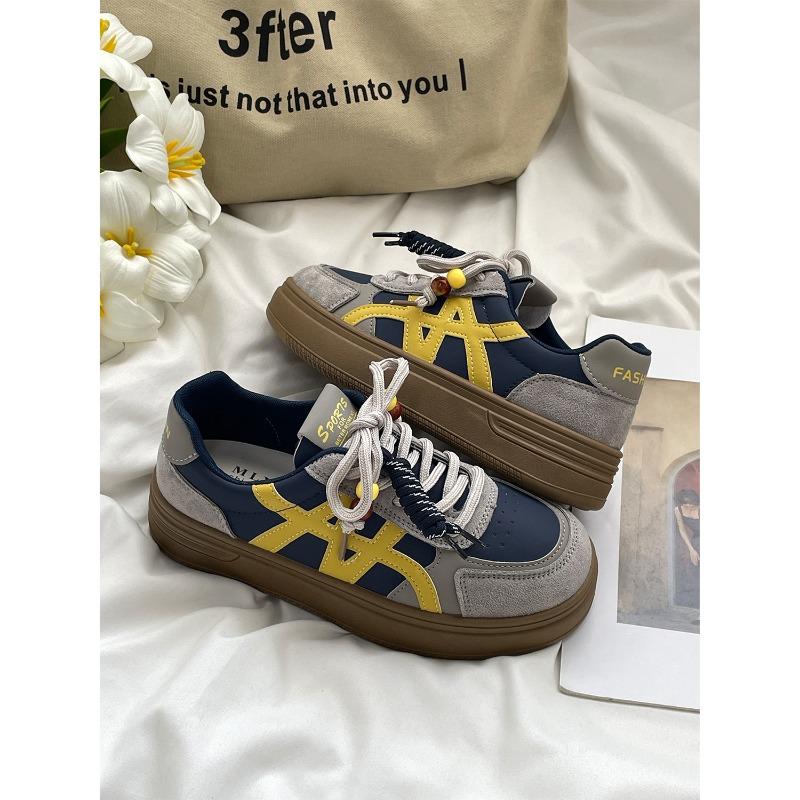 Retro color matching thick bottom beaded women's new round head lace-up fashionable versatile casual sports board