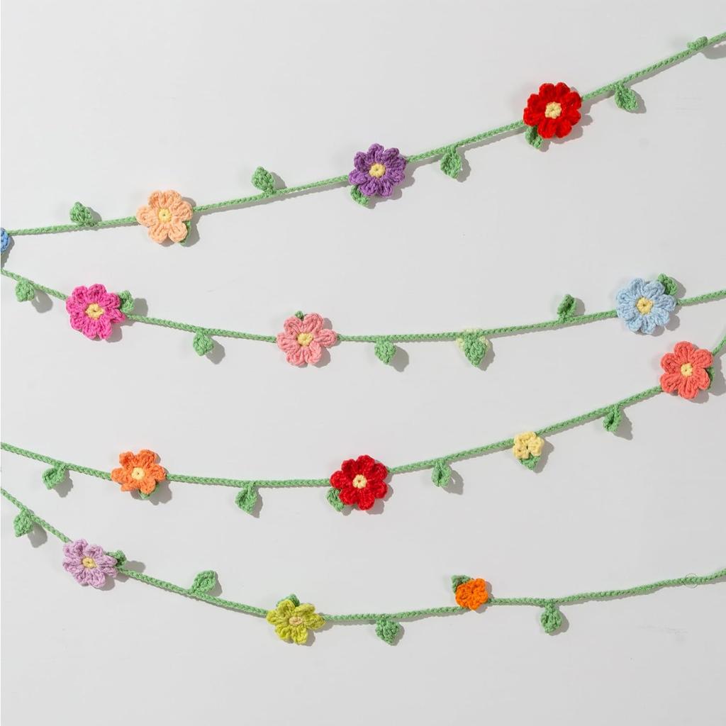 Handmade Crochet Flower Garland, Knitting Wool Spring Bunting Floral Ornaments, Colorful Flower Hanging Garland for Boho 1st Birthday Party Supplies,