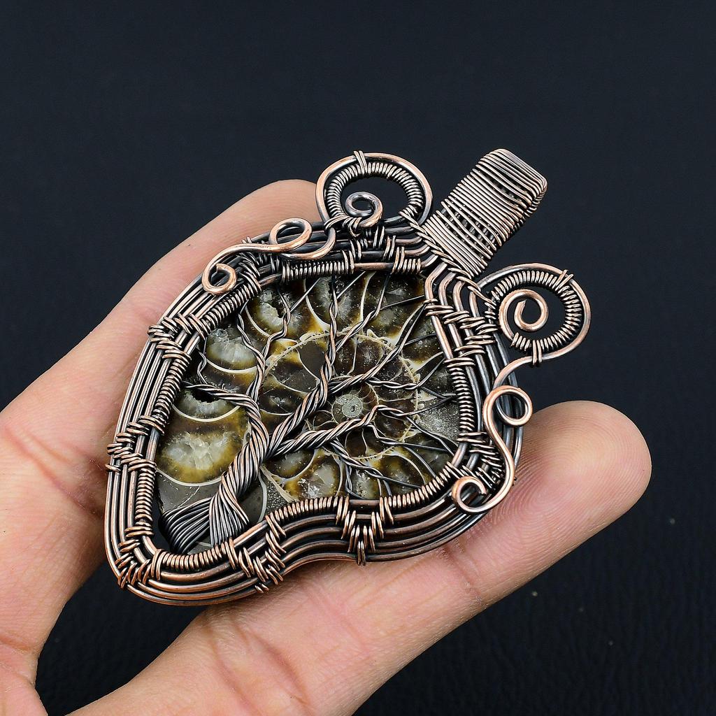 Ammonitfossil 999 Koppartrådsinlindad Hänge, Handgjort Ädelstenssmycke Hänge För Memorial Day