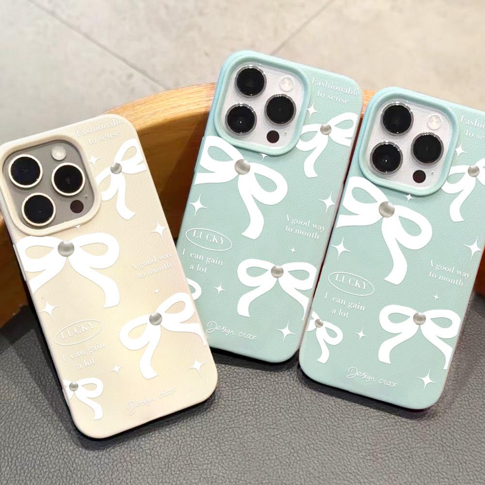 White English bow for iPhone17 ProMax leather pattern mobile phone protective case 17 large holes 16 simple