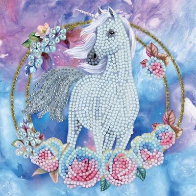 Carte Crystal Art à diamanter - Licorne et fleurs - 18 x 18 cm