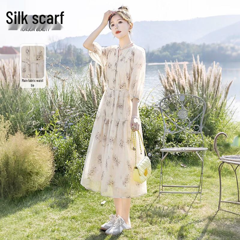 Sibaishe Women s Retro V-Neck High-Waist Mid-Length Dress M