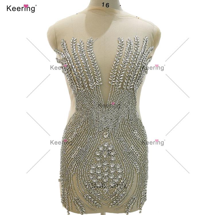 WDP-495 J Hot Selling V-neck Handmade Crystal Rhinestone Applique Woven Patches for Dress Wedding Decorations as sample серебряный