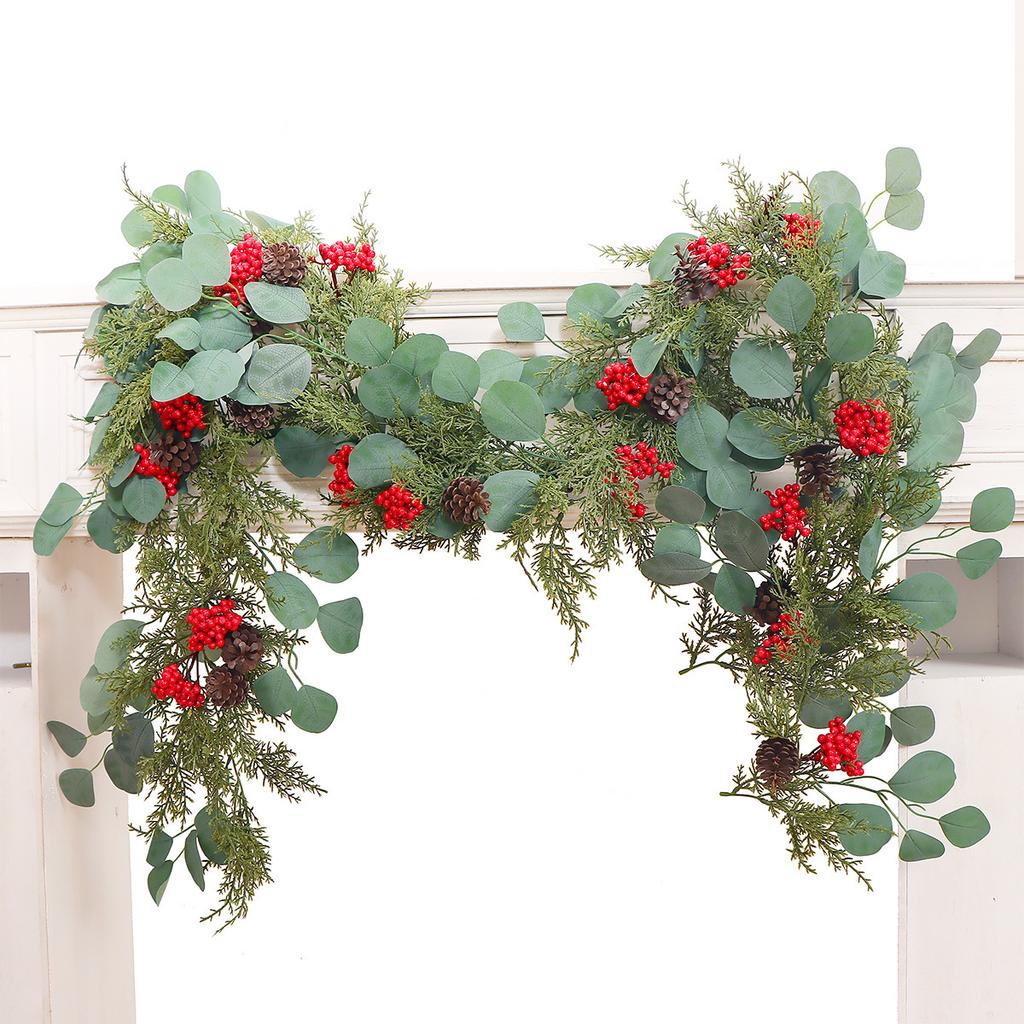 Festive Decoration with Simulated Green Plants, Pine Needles, Christmas Ornaments, Wreaths, Indoor Decoration with Simulated Rattan