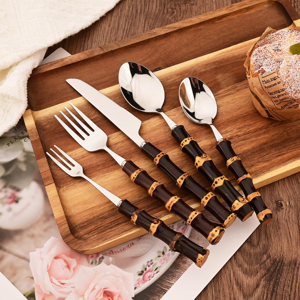 Příborová sada s bambusovou rukojetí, Nerezová příborová sada Nože Vidličky Lžíce Příbory pro Svatbu Domov Restauraci Večírek, 20 KS Servis pro 4 osoby