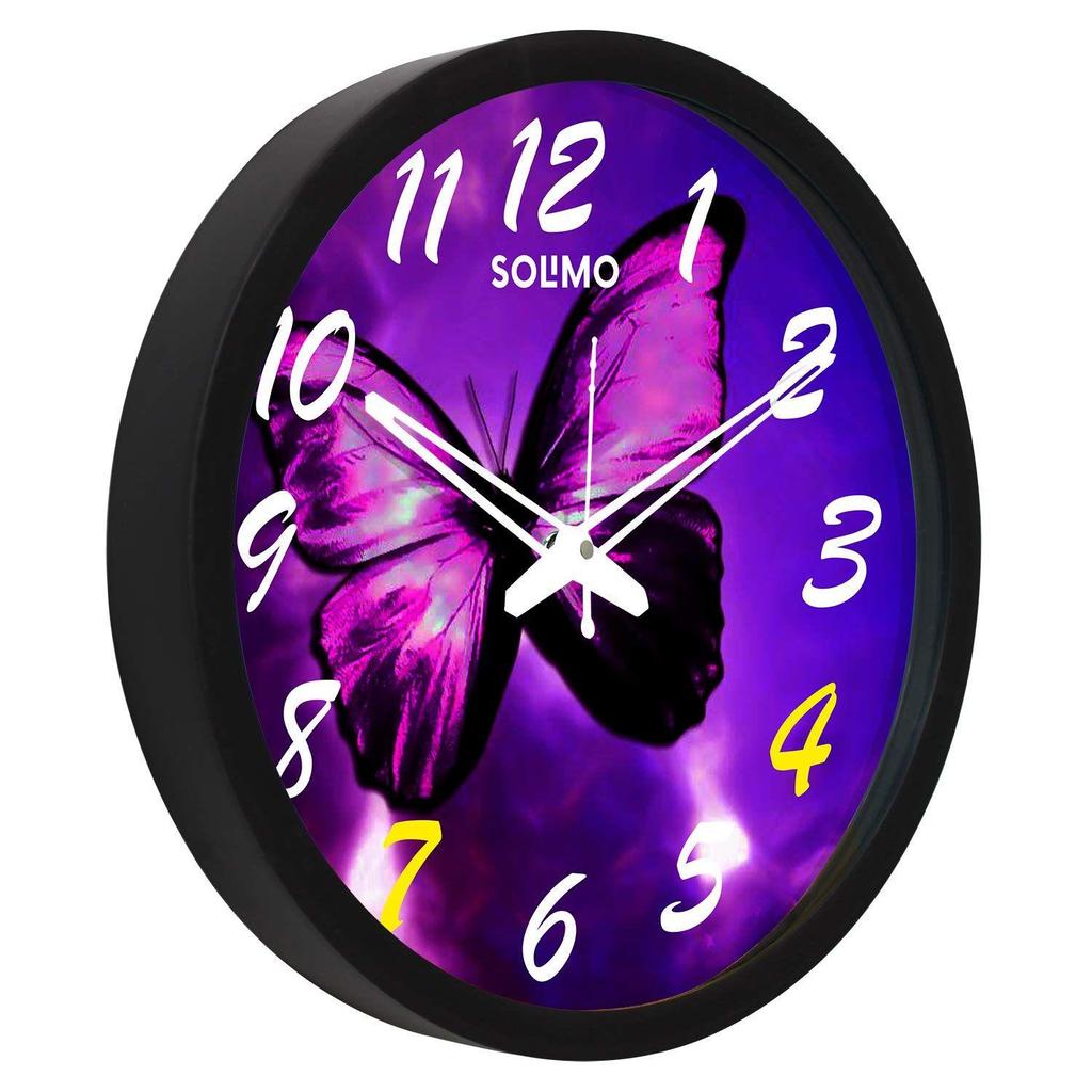 12-inch Plastic & Glass Wall Clock -Colourful Butterfly (Silent Movement, Black Frame)