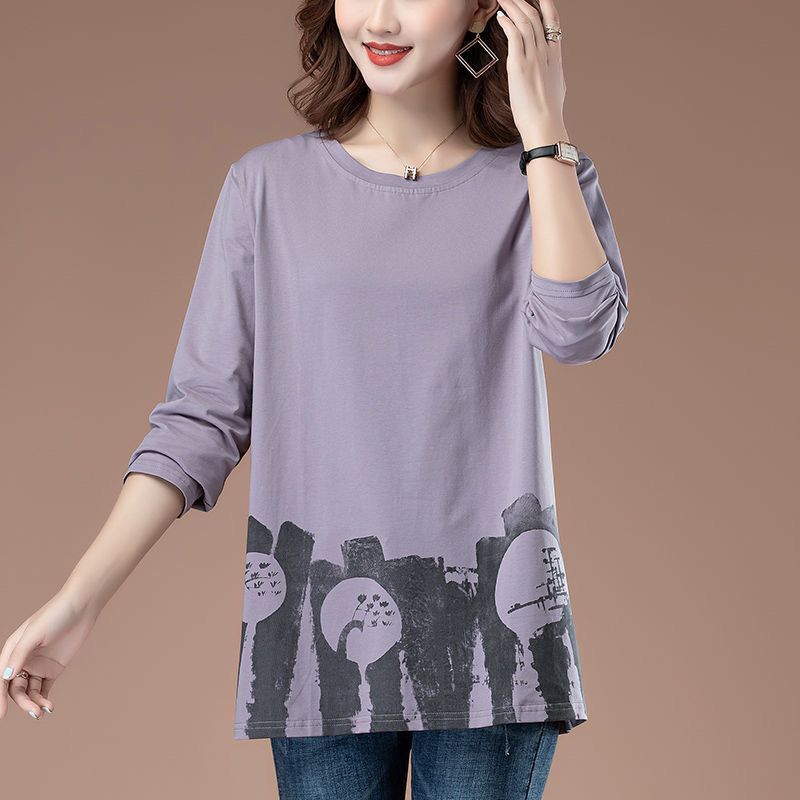 

Свободная футболка из чистого хлопка с длинными рукавами для женщин среднего возраста больших размеров для верхней одежды в стиле вестерн, базовая рубашка на весну и осень 4XL