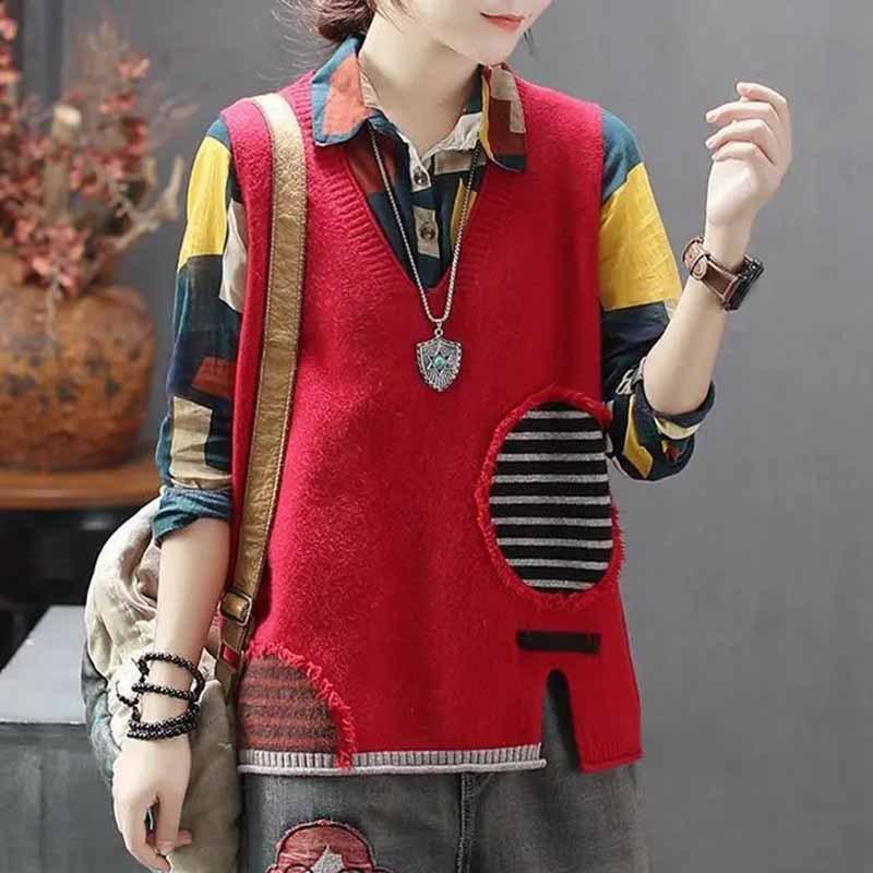 Spring Autumn Winter Loose Vest Sleeveless Camisole Artistic Color Blocked V-neck Knitted Sweater Vest Women's Sweater