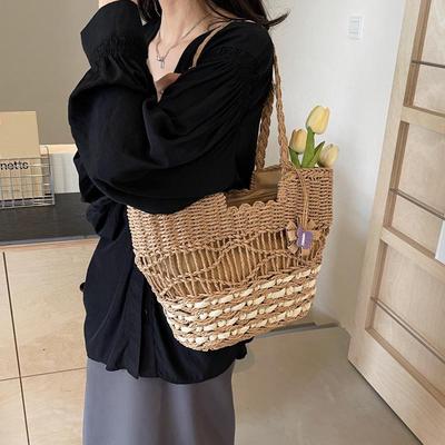 Bolsa de Ombro Tecida Estilo Étnico Boêmio - Palha com Franjas, Grande Capacidade para Mulheres