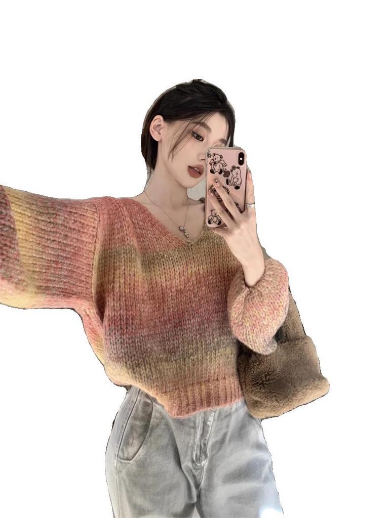 Retro Gradient V-Ausschnitt Strickpullover - Damen Locker Langarm Pullover für Herbst/Winter 2025