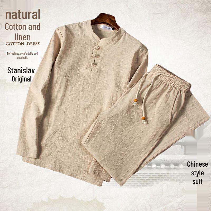 Men's Cotton-Linen Chinese Style Suit: Long-Sleeved, Loose Fit for Middle-Aged and Elderly - Perfect for Spring and Autumn.