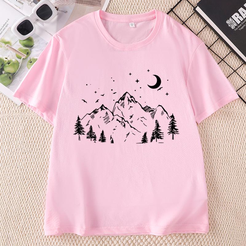 Minimalist Mountain T Shirt Nature Lover Tee Moon Mountain Graphic Tee Hiking TShirt Casual Round Neck Printed Tshirt Clothes