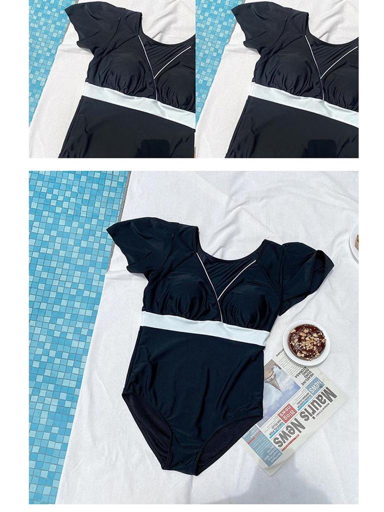 Korean Sexy Deep V Push-Up Short Sleeve One-Piece Swimsuit for Women, Tummy Concealing & Slimming Design