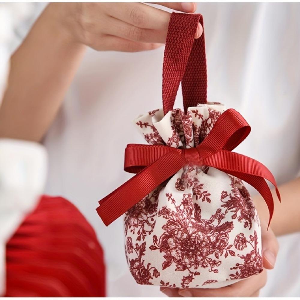 Elegant Red Drawstring Gift Bag with Floral Pattern & Ribbon Bow - Soft,Reusable Canvas Pouch for Jewelry Perfect for Christmas