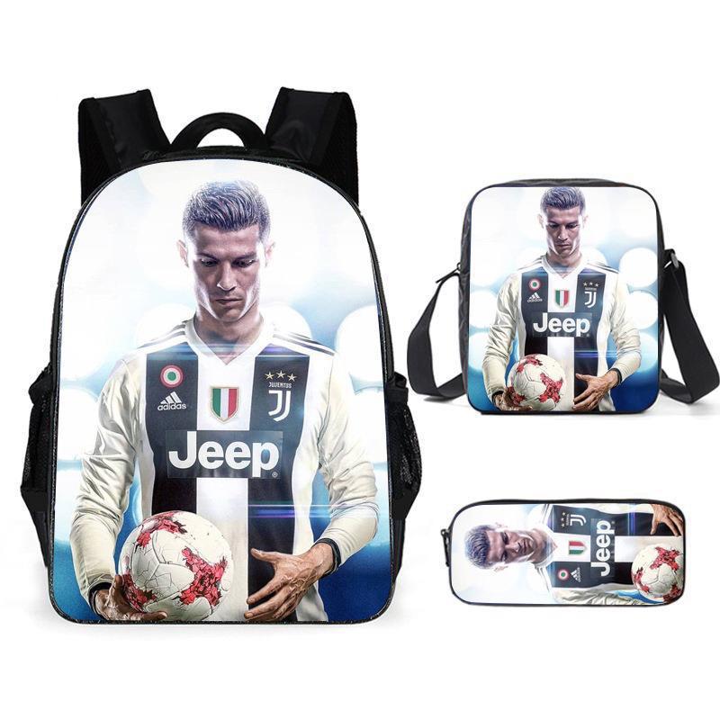 Sac à dos scolaire imprimé Messi pour étudiant Sac à dos Satchel C Luo pour Neymar Ensemble trois pièces