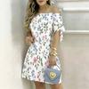 Women Plus Size Off Shoulder Tie Cuff Short Sleeve Floral Printed A Line Dress