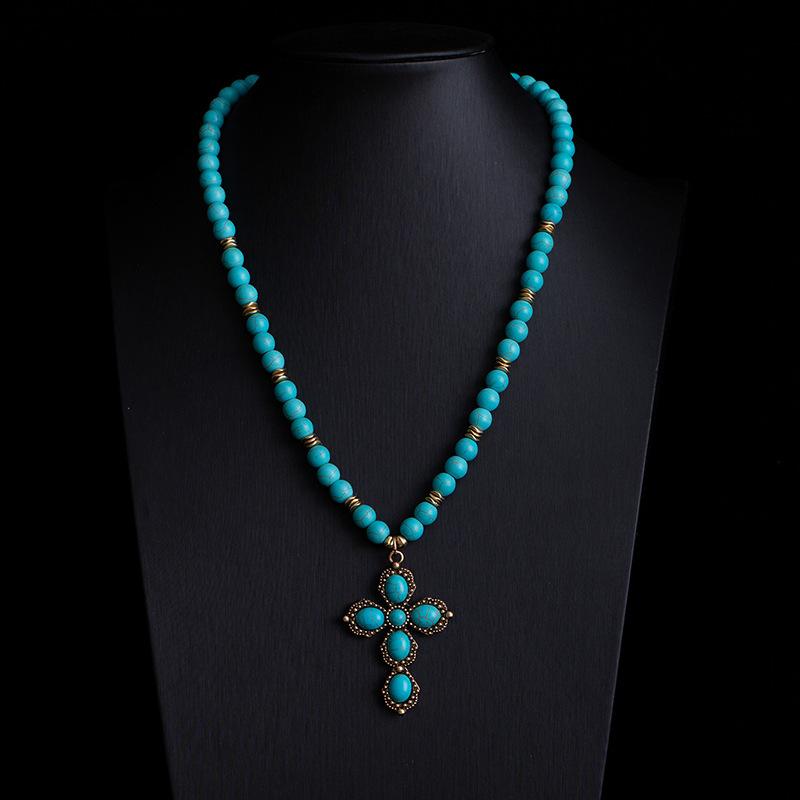Bohemian Retro Ethnic Style Turquoise Necklace Female Western Denim Style Multi-Layered Wearing High-End Sweater Chain