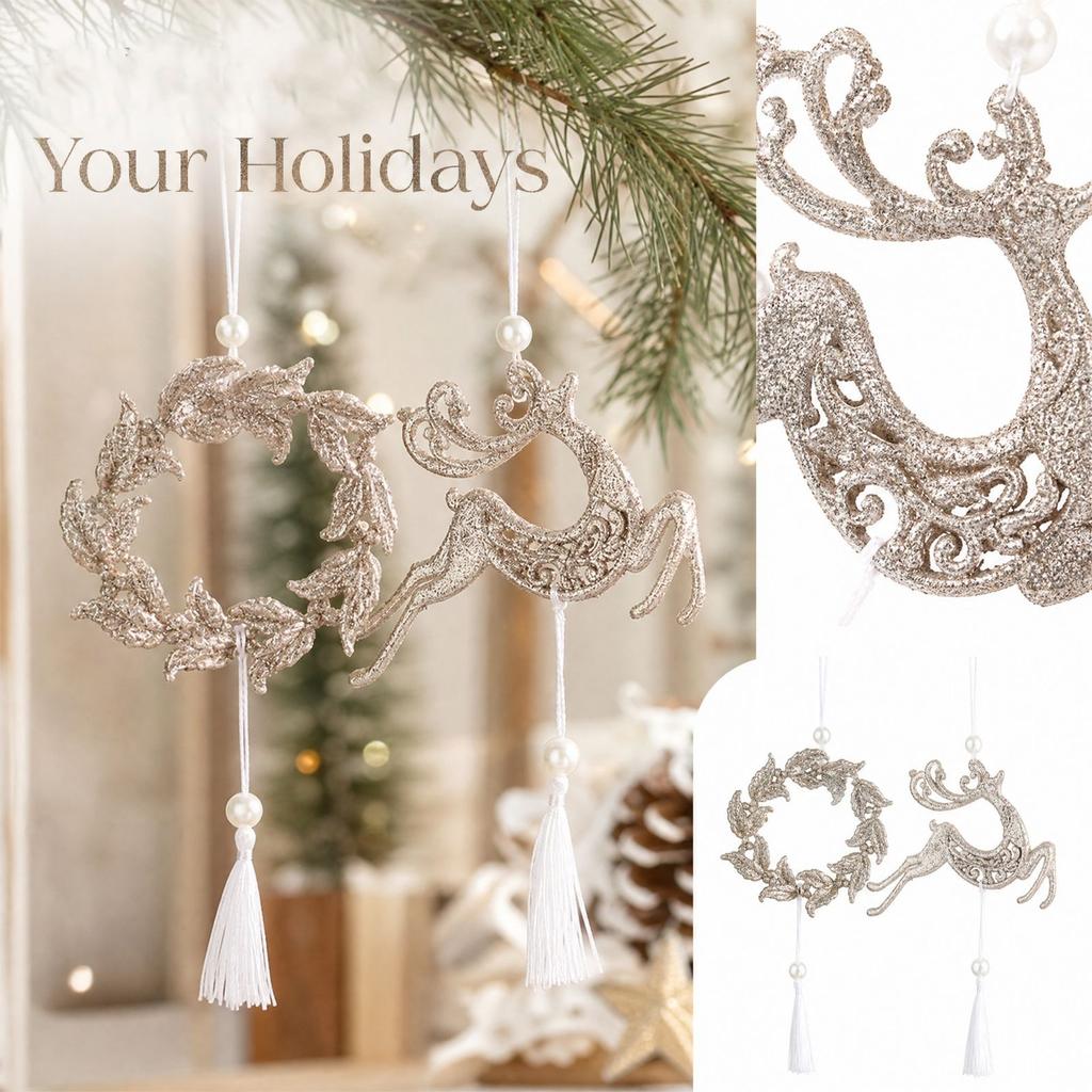 Christmas Tree Ornaments with Glitter Hollow Snowflake Heart and Butterfly Hanging Decorations, Wreath Design