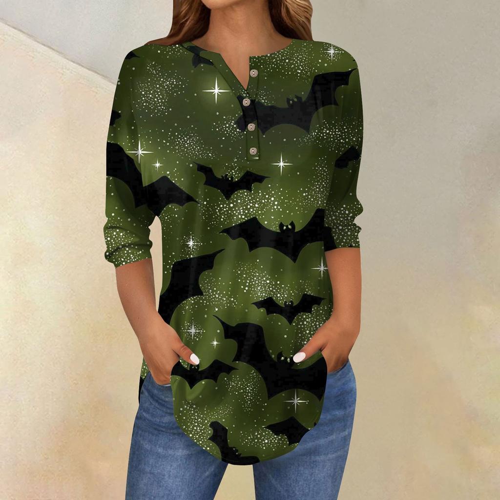 Women's Fashion Loose Button Collar Halloween Print Long Sleeve T-Shirt Top Pullover