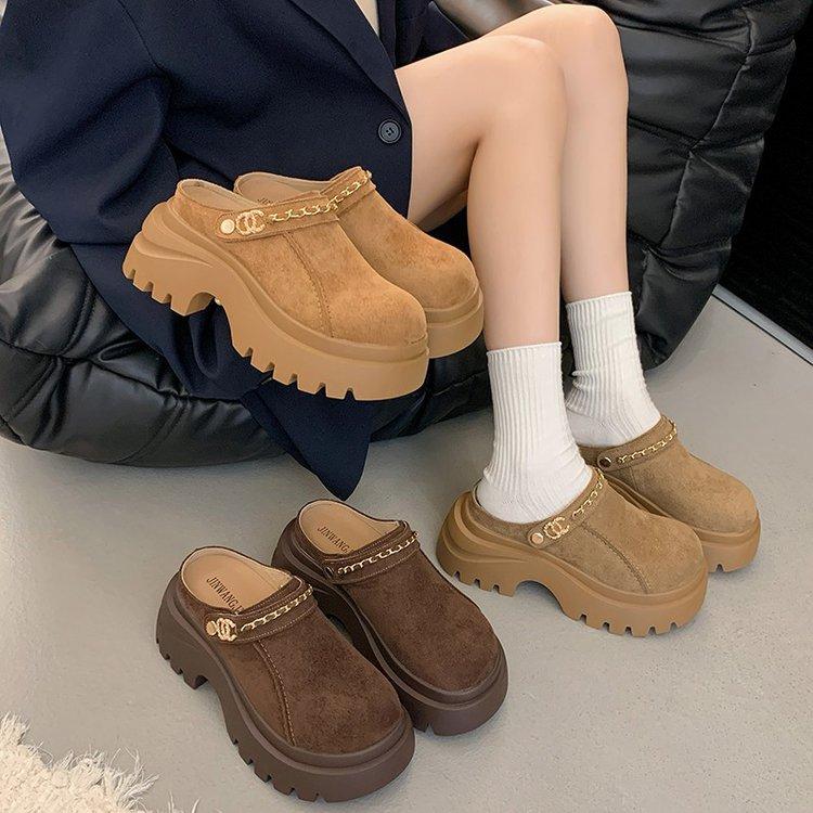 Thick-soled Heightening Bag Head Half Slippers Women's 2025 Autumn New Versatile Muffin Bottom Heightening Small Women's Shoes