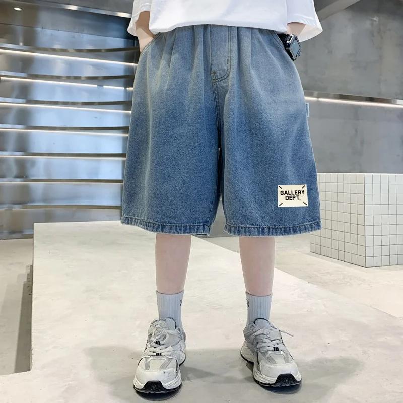 Summer Children Loose Casual Gradient Blue Jean Shorts for Teenager Boys Baggy Denim Shorts Kids Street Knee Length Pants