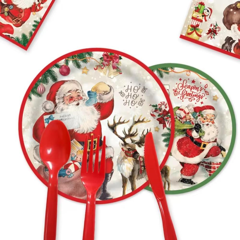 Thickened Christmas Disposable Tableware Set Santa Claus Print Paper Plate and Cups  New Year 2025